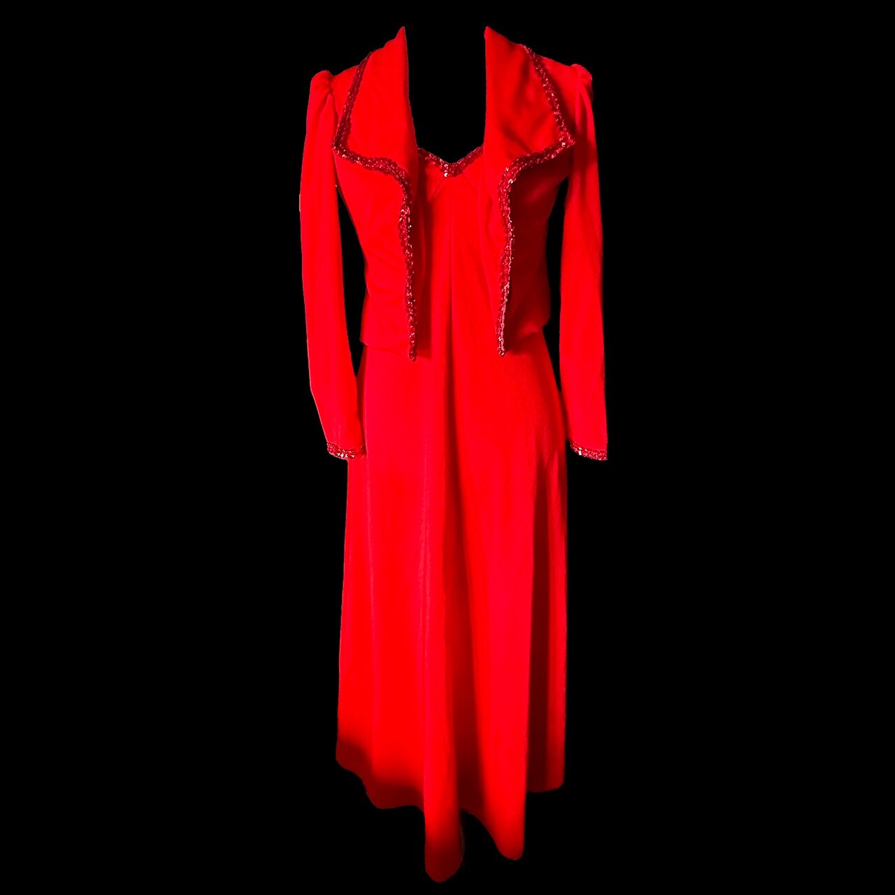 Vintage 1970s Red Max Sequini Evening Dress & Bolero Jacket Empire Waist Small