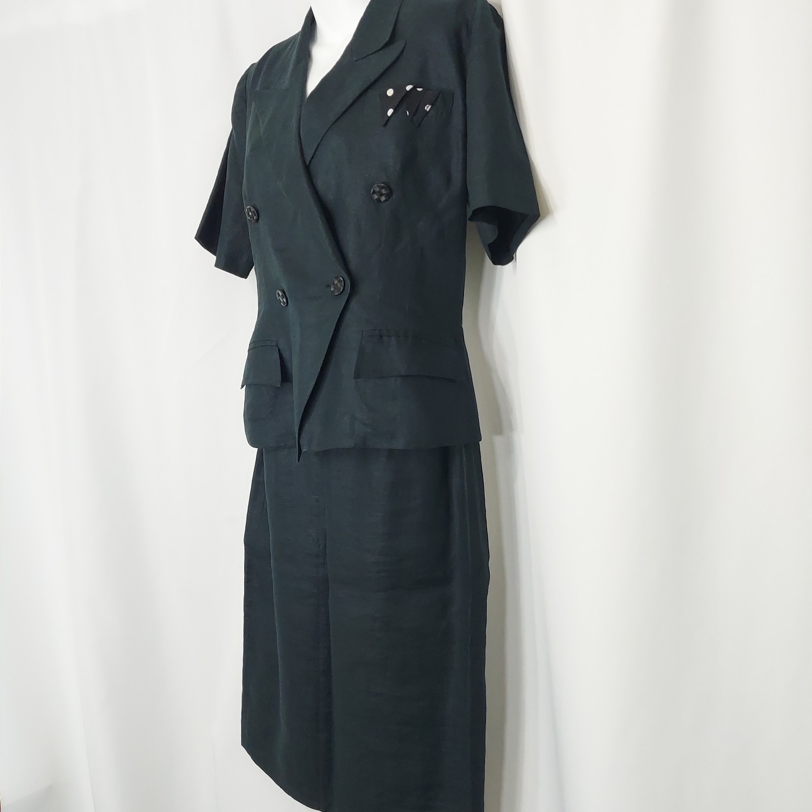 Linen Suit Double Breasted Jacket Blazer Pencil Skirt Off Black Green Vintage