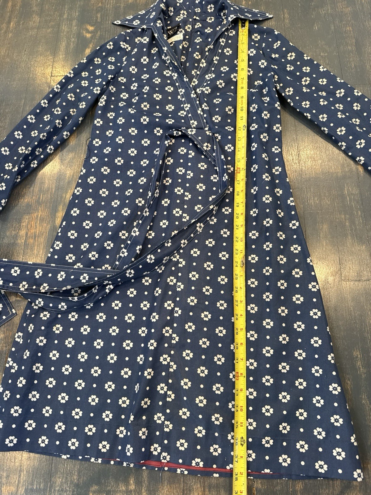 Vintage 1970s DW3 David Warren Collared Dress Navy & White Floral Belted Sz S/M