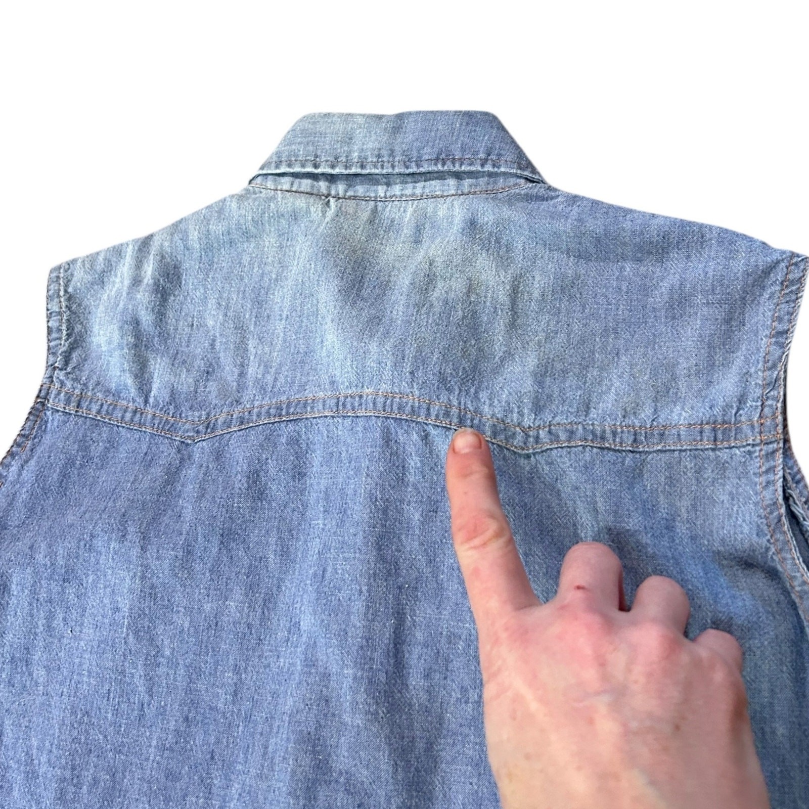 Vintage Chambray Denim Sleeveless Button Front Shirt Western Medium ^