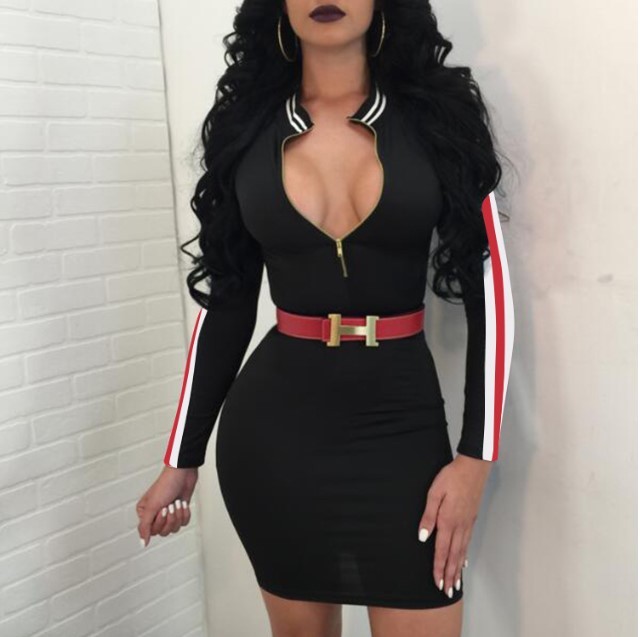 New Stylish Women V Neck Long Sleeve Patchwork Sexy Casual Slim Mini Dress # F