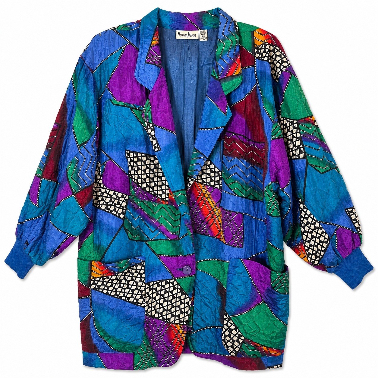 Neiman Marcus Vintage 80s 100% Silk Quilted Jacket Art To Wear Color block Retro