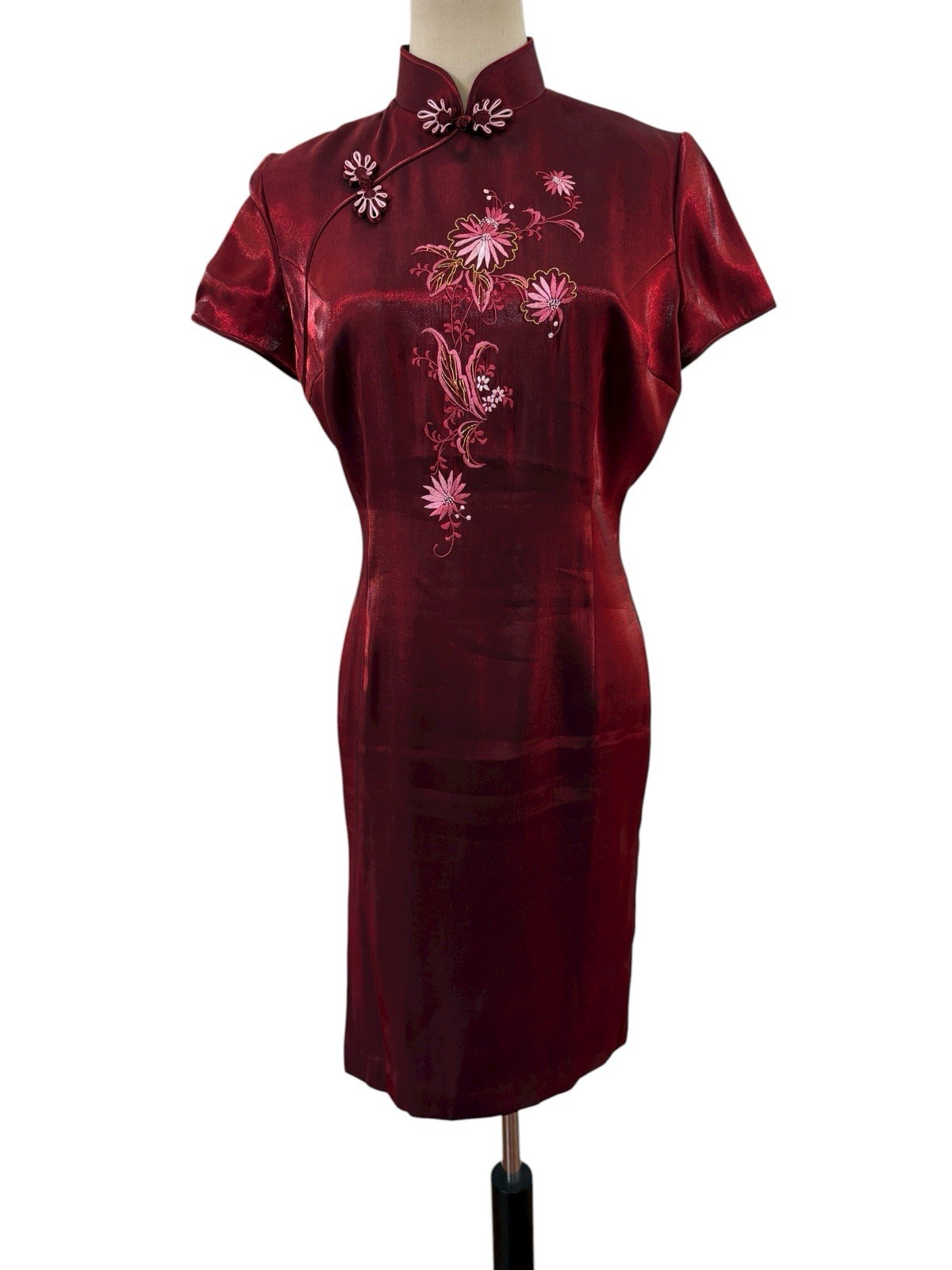 Vtg 90s Red Satin Cheongsam Dress Embroidered Whimsigoth Retro Sexy
