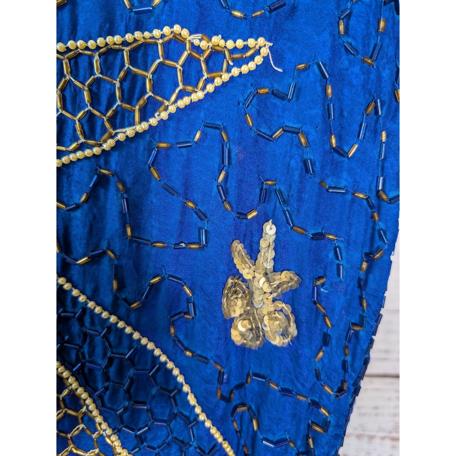 VTG Silk 3Pc Set Beaded Sequin Top Skirt Royal Blue Gold Art Deco Mermaidcore