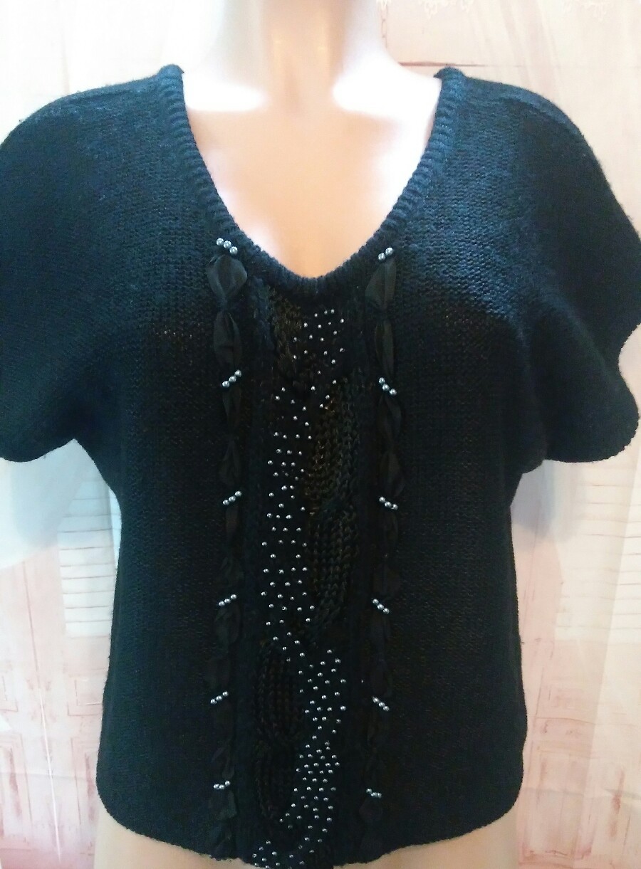 Vintage 70s BELDOCH POPPER Wool Blend Beaded Crochet Sweater Womens Black Large