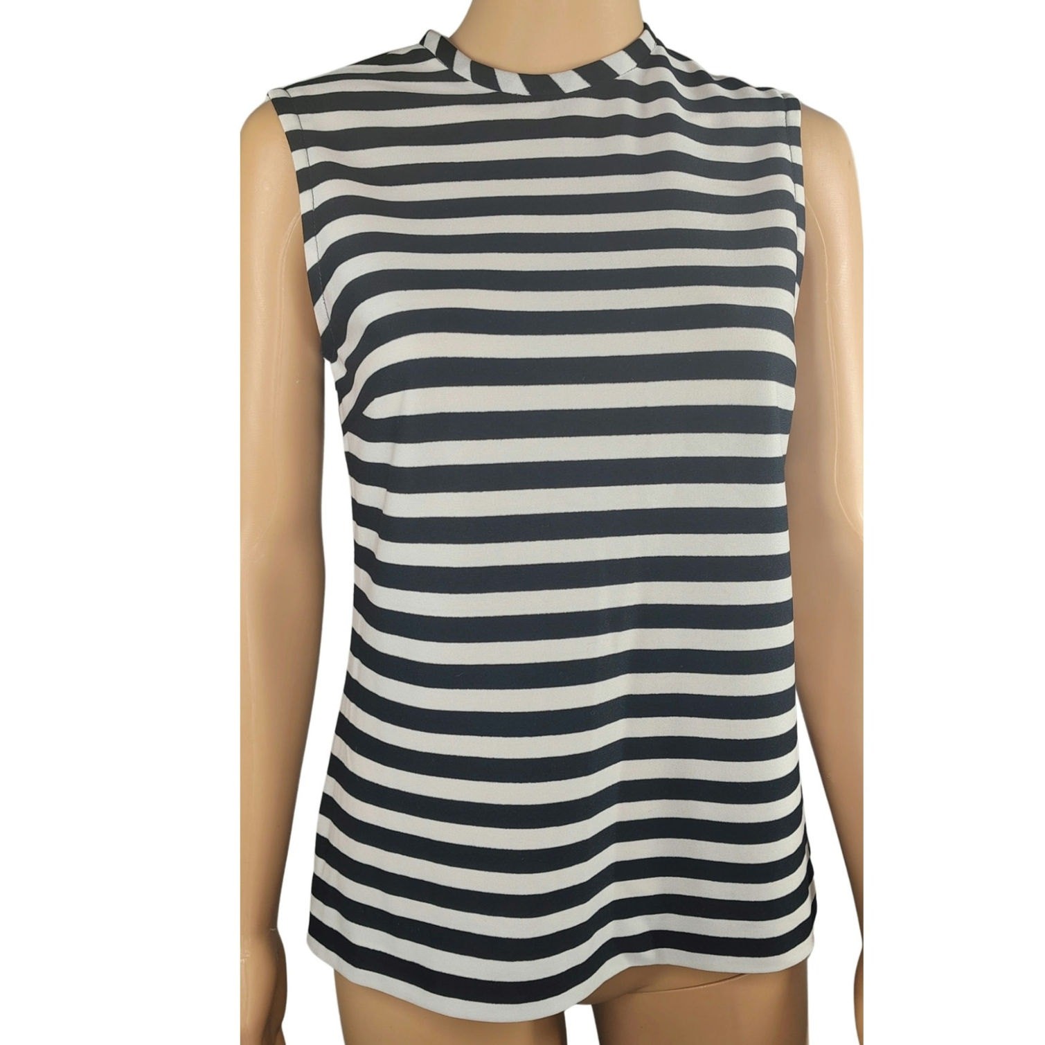 1960s Mod Black White Horizontal Striped Sleeveless High Neck Zip Up Top Size Sm