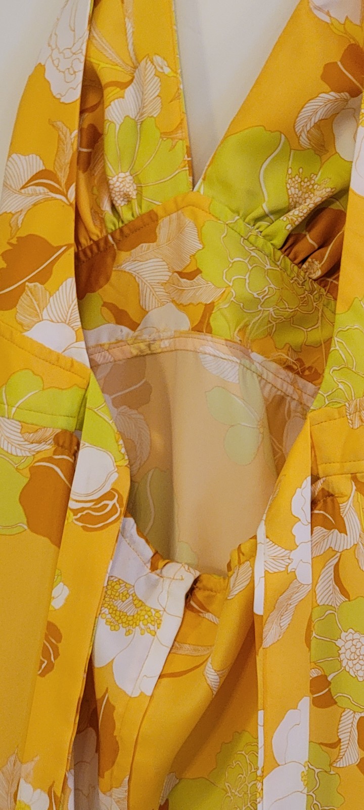 70s Vintage Sunny Yellow Summer Halter Dress With Open Back Ties & Zipper