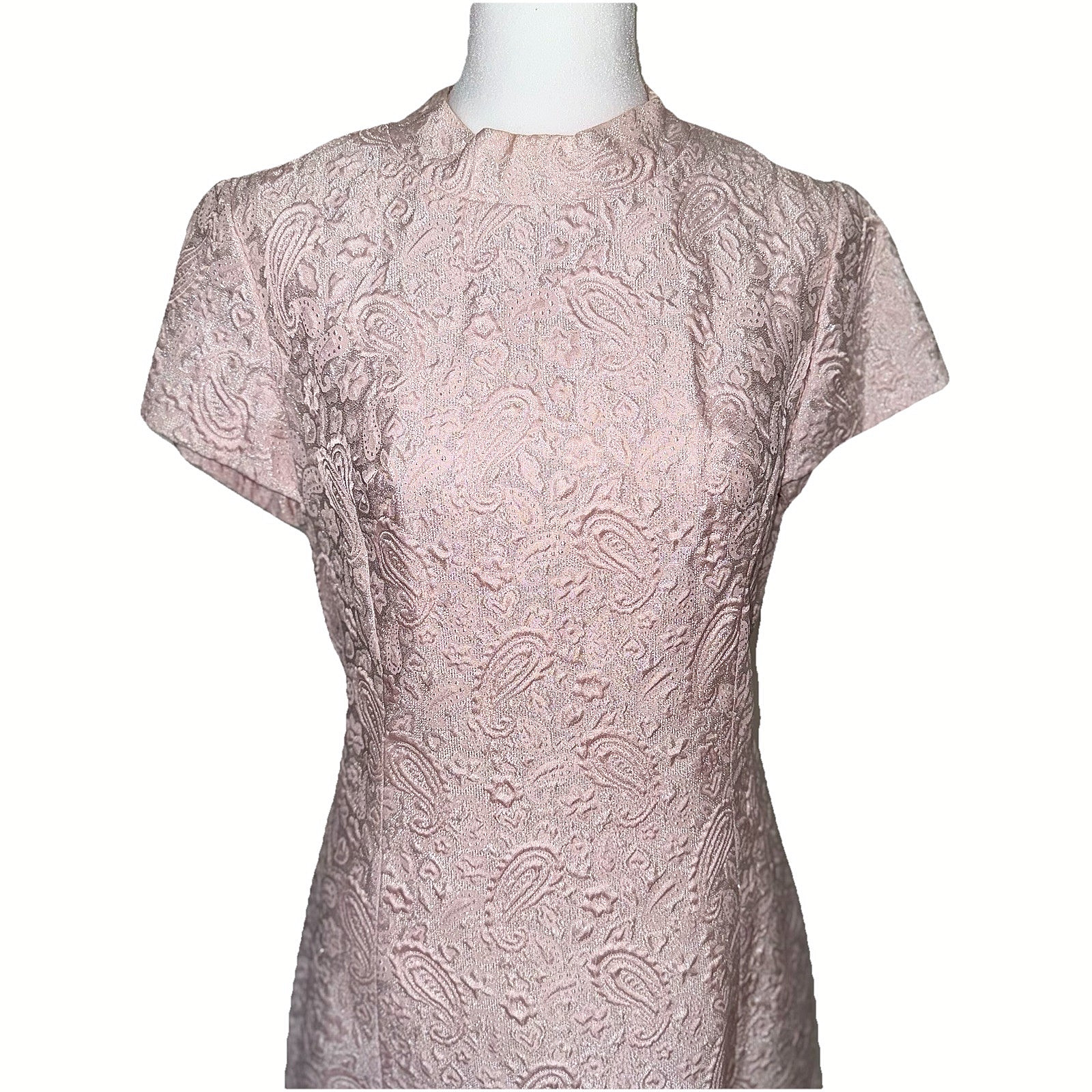 Vtg Party Dress 60s Paisley Pink & Silver Brocade Mod Cocktail Harmay S 6 36