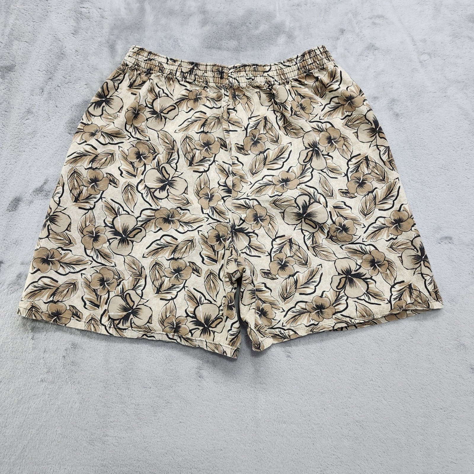 Vintage 80s Basic Editions Shorts Womens M Brown Floral Hawaiian Cotton Pull On