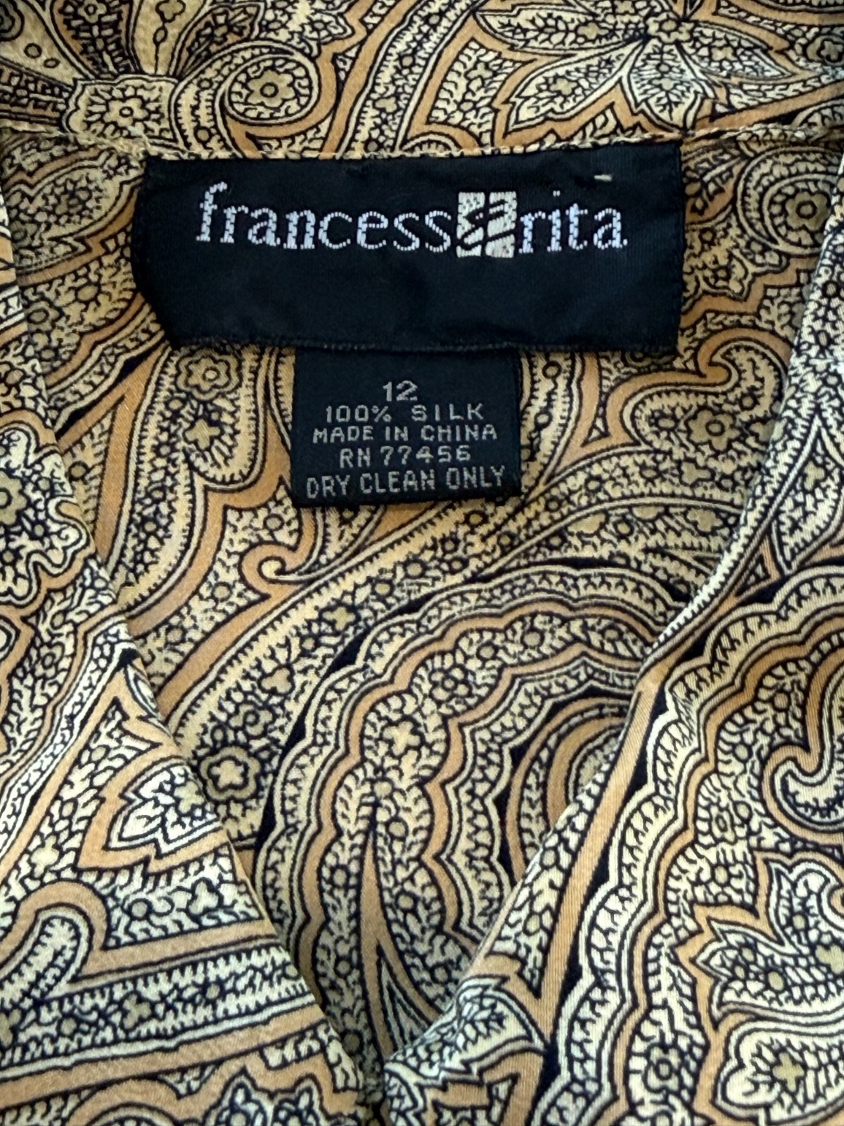 Vintage Paisley Silk Button-Down Blouse Women SZ 12 Long Sleeve French Cuff Boho