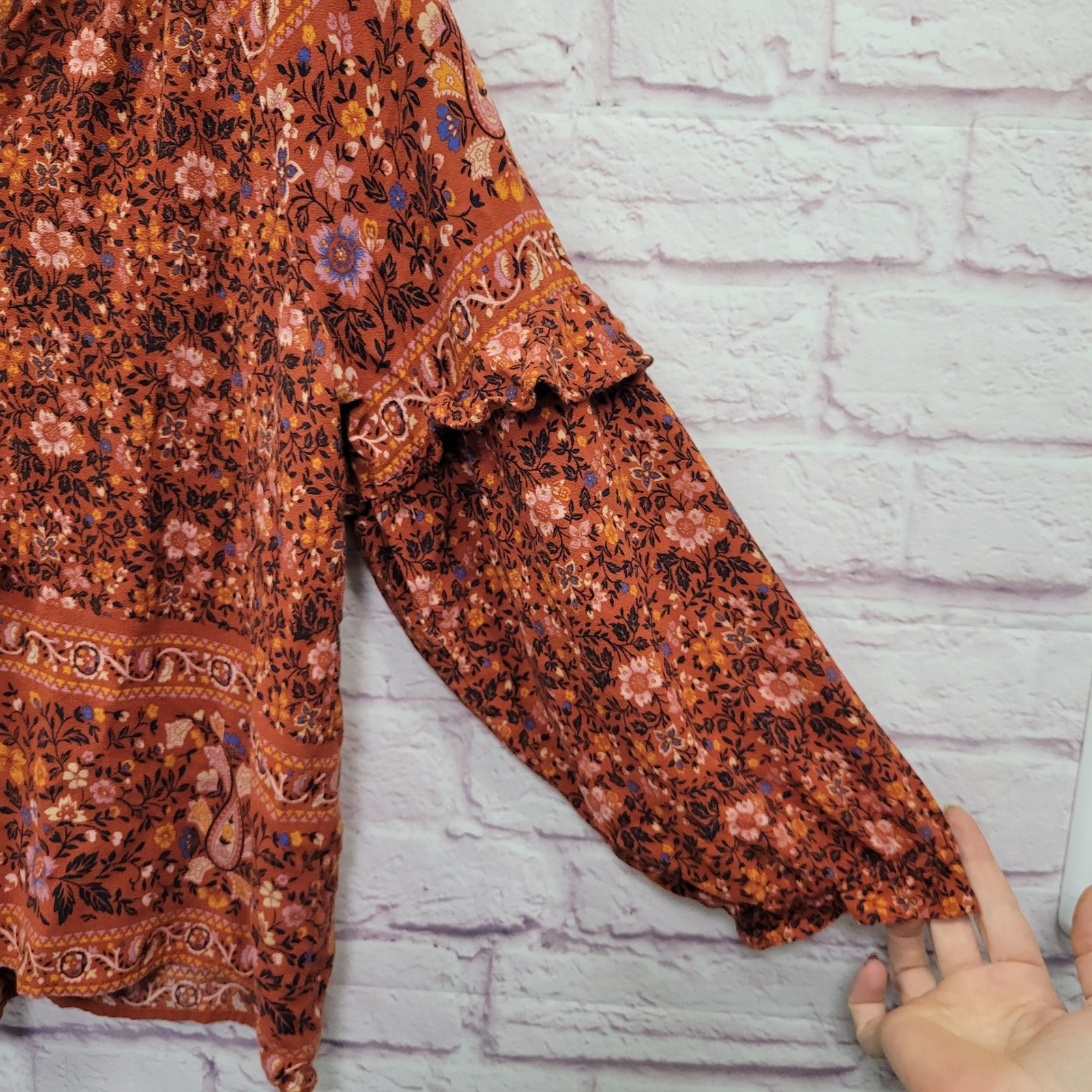 American Eagle Boho Floral Blouse Womens L Rust Orange Tassel Cottagecore Hippie