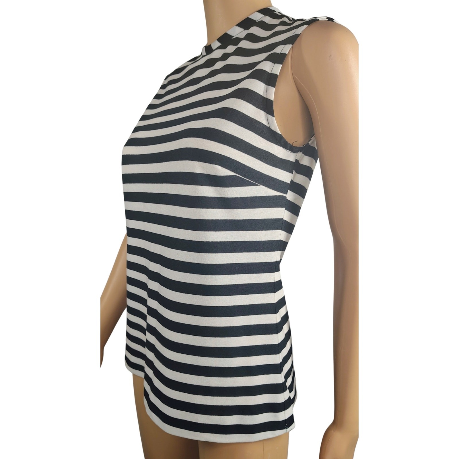 1960s Mod Black White Horizontal Striped Sleeveless High Neck Zip Up Top Size Sm