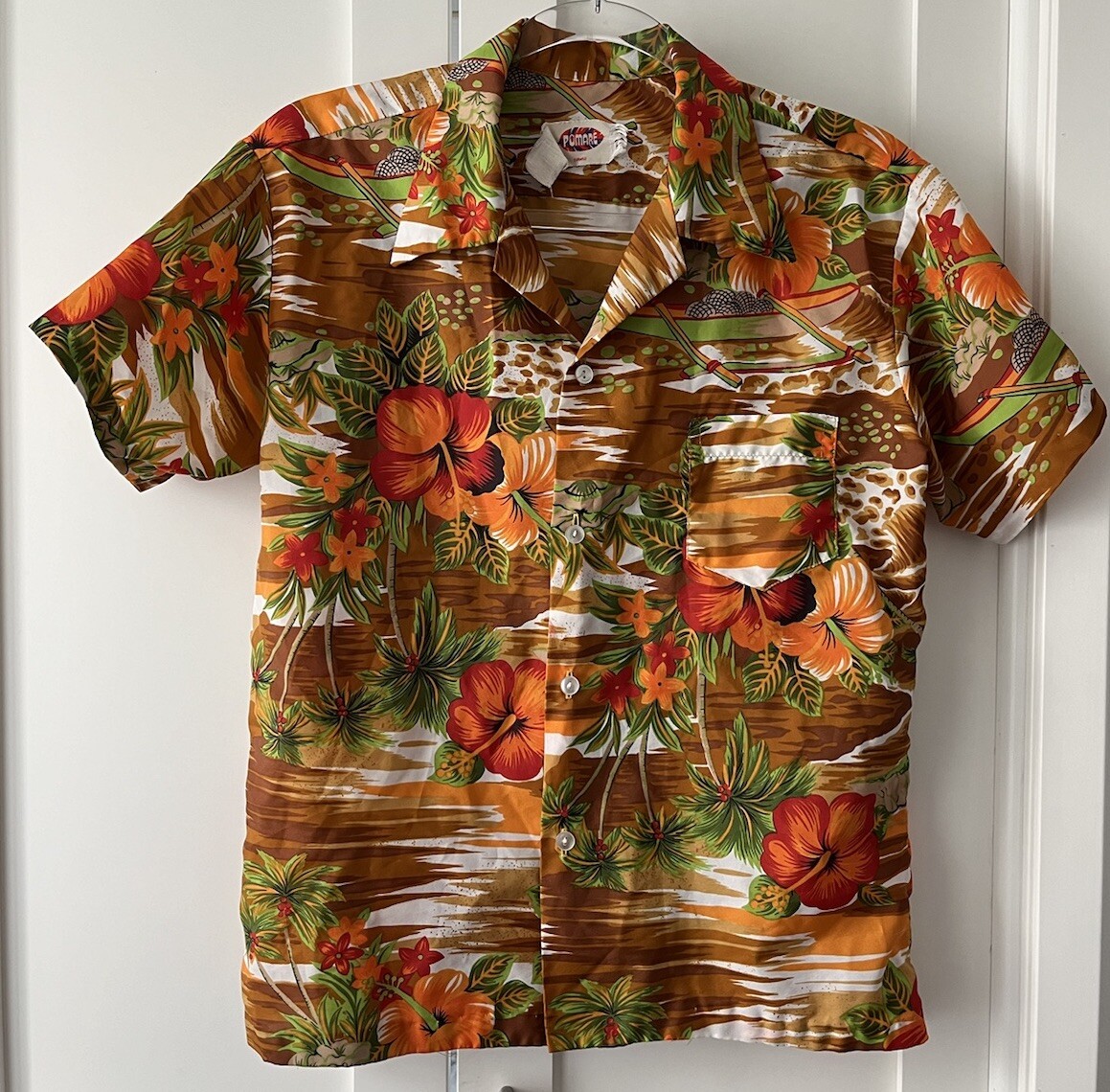 Vintage 70s Pomare M Hawaiian Shirt Bright Floral Orange Brown Tropical Canoe