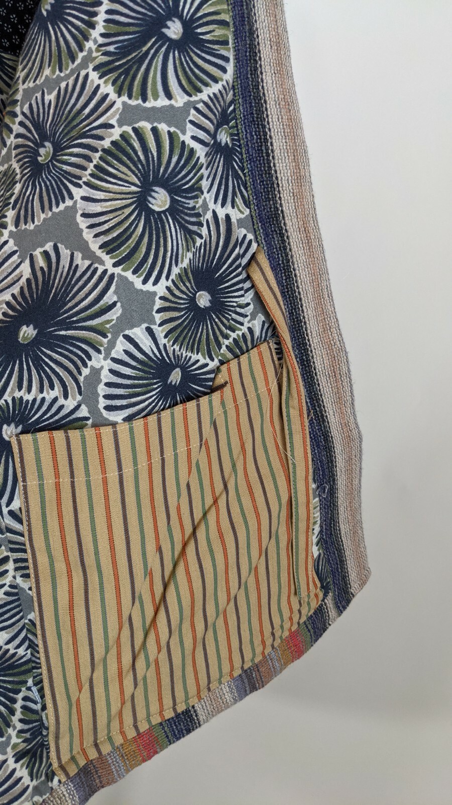Kenzo Vintage 70s Multicolor Wool Stripe Floral Lining Tie Kimono Jacket France