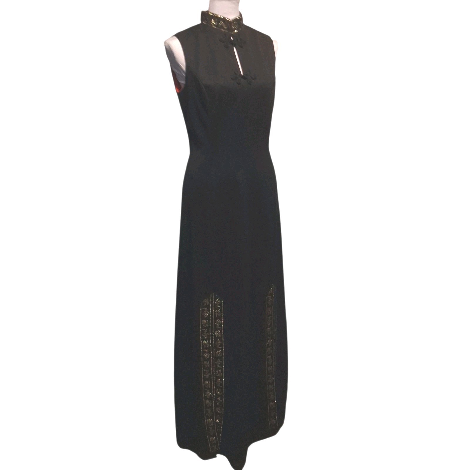 Vintage Cheongsam Maxi Gown Dress Mandarin Collar Hollywood Glam ILGWU USA Sz 10