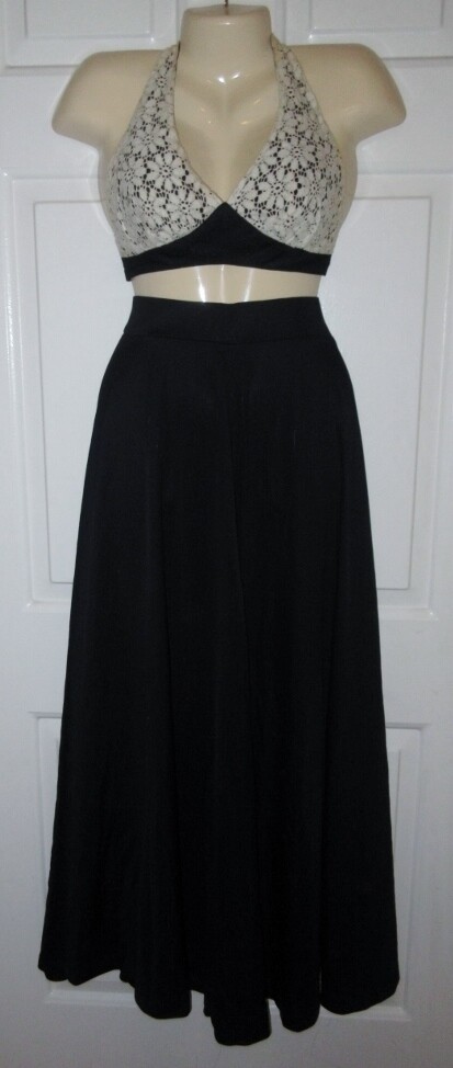 VTG 70s 2 Pc Bikini Top Full Swing Maxi Skirt 5 Hippy BoHo Crocheted Lace Outfit