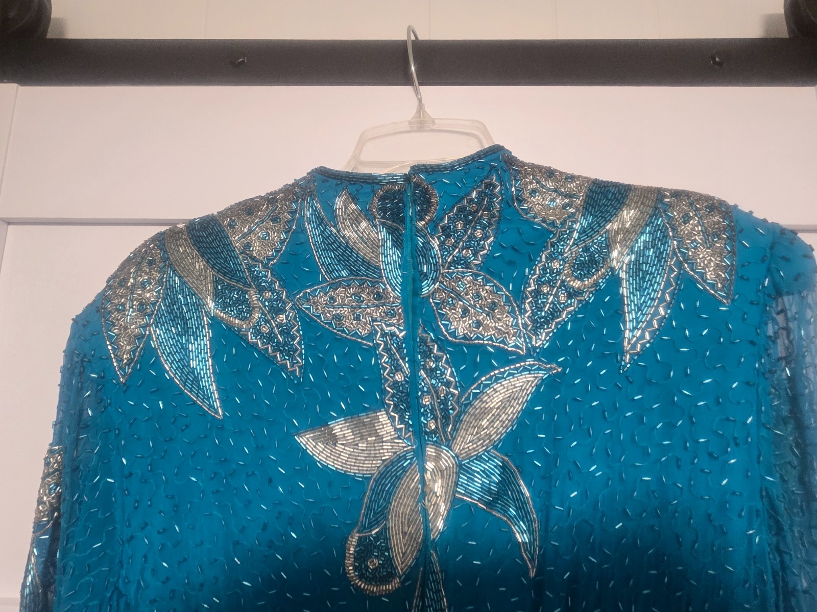 Vintage VINNIE Long Green, Teal, Silk Beaded Dress size XL