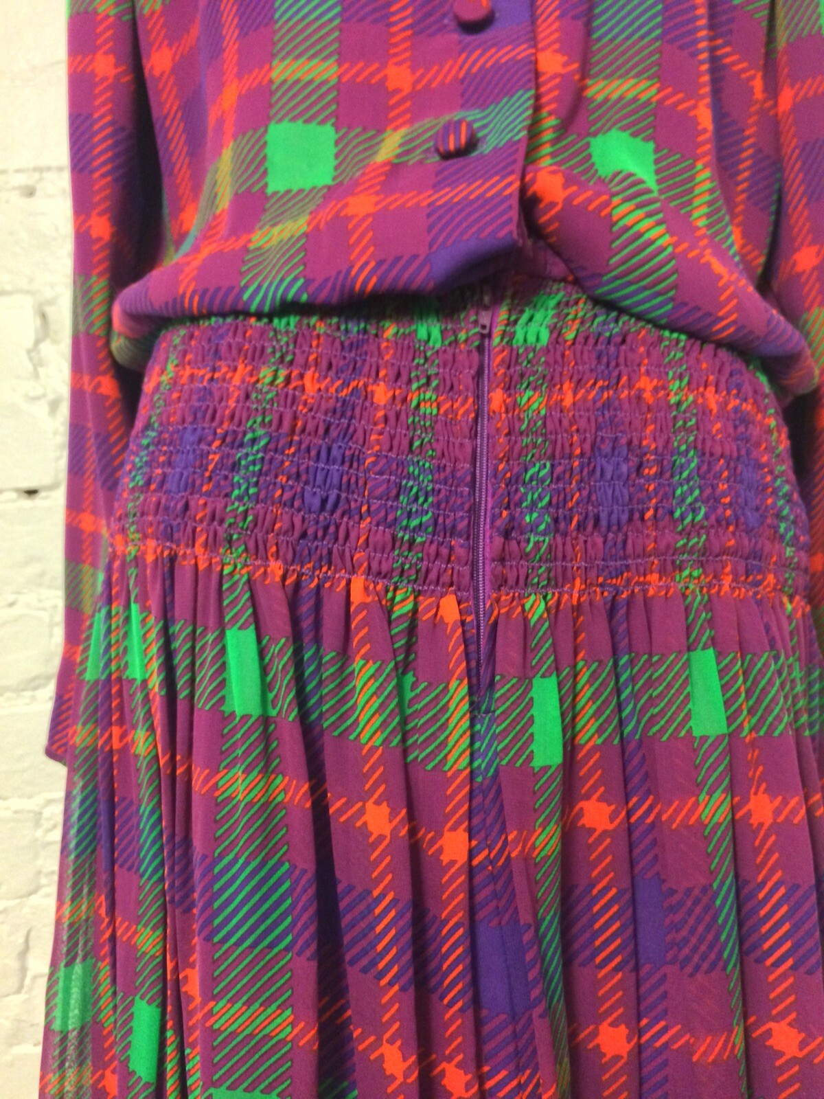 William Pearson Vtg 80s Silk Blouson Dress Pink Plaid 10-12 Secretary Office