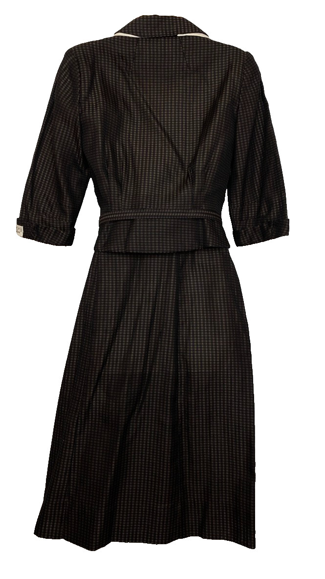 Vintage 1950s black gray suit dress set midi skirt peplum jacket top semi sheer
