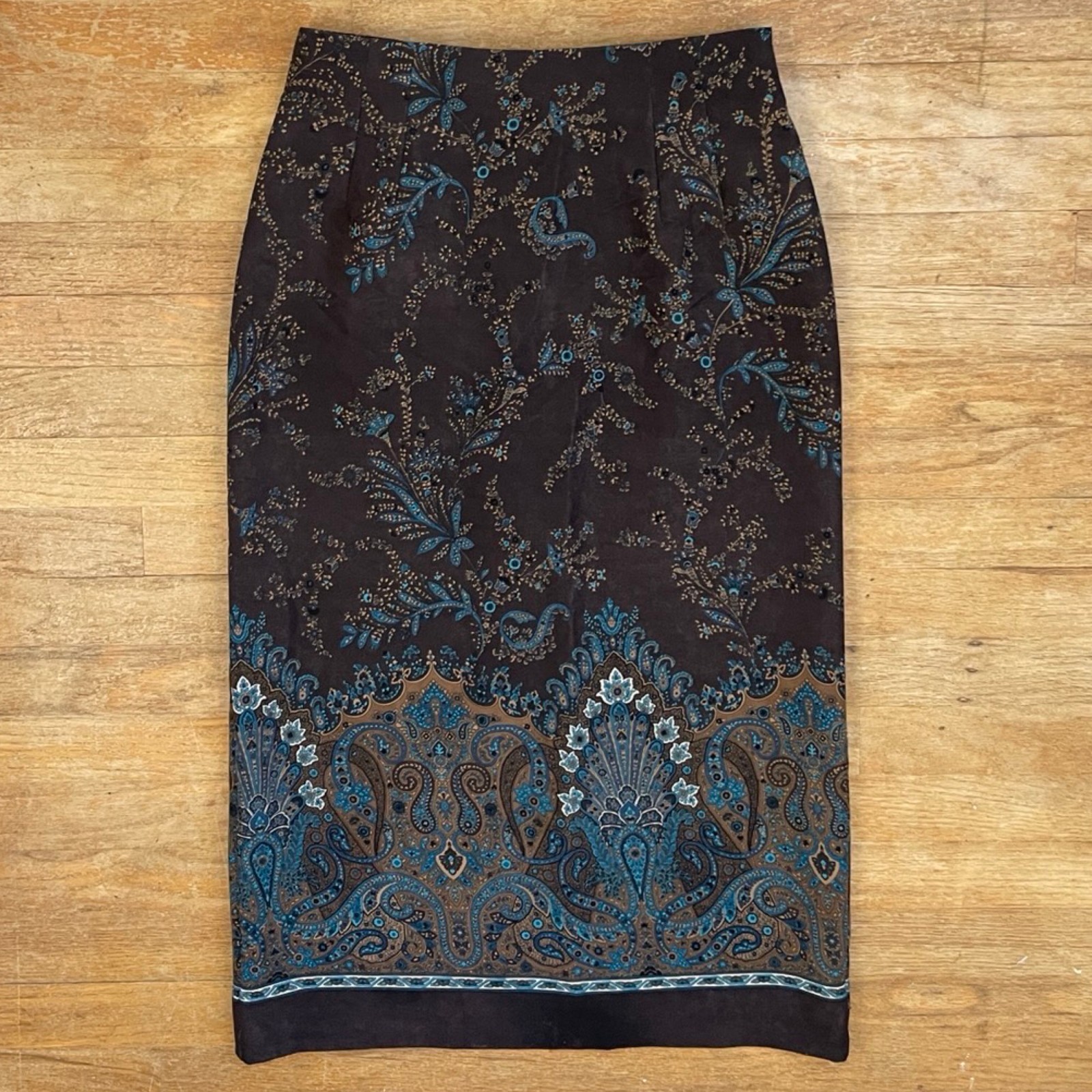 Vintage Floral Paisley Midi Skirt Size Small 28&Prime; Waist 90s Microfiber Damask