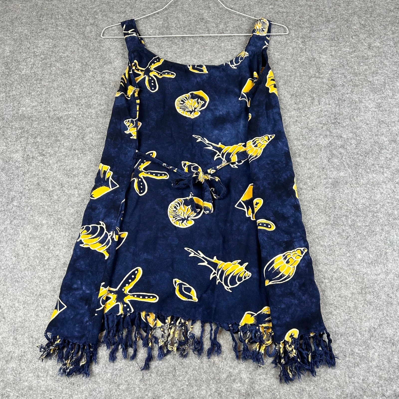 EUC VTG 24 Karat Navy Blue Shell Coastal Beach Batik Fringed Rayon Mini Dress OS