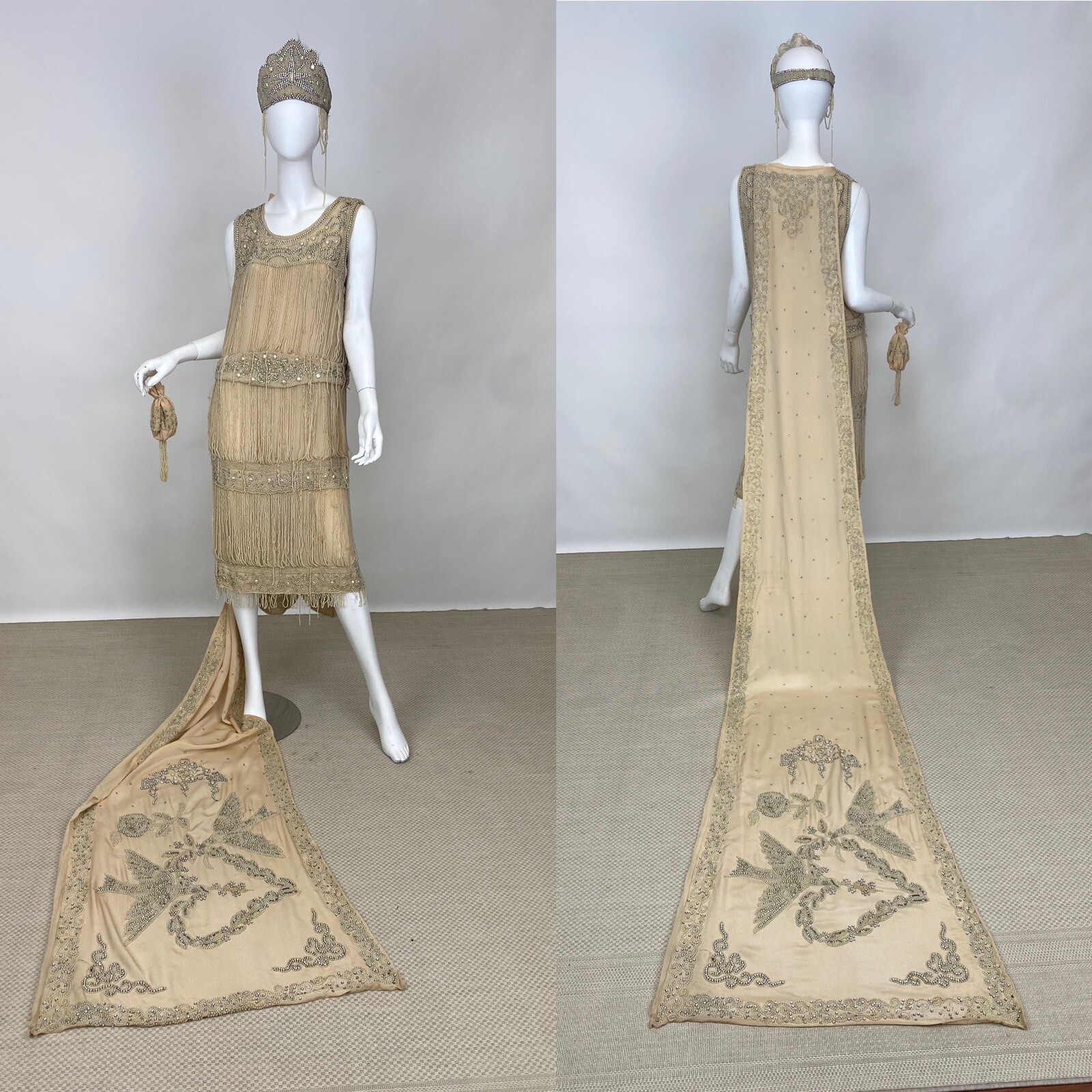Real Antique 1920s Flapper Wedding Gown Train Headpiece Pearls Rhinestones