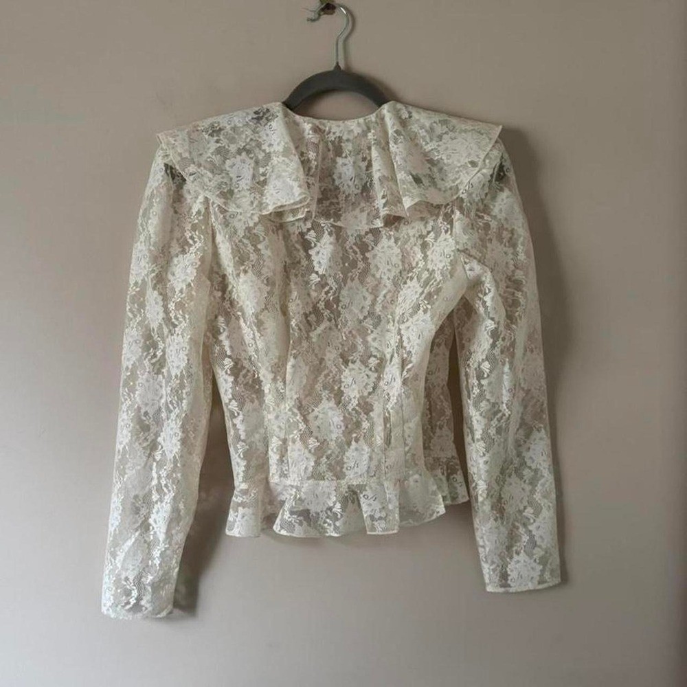 Vintage white lace blouse small ruffle sheer wrap peplum union long sleeve