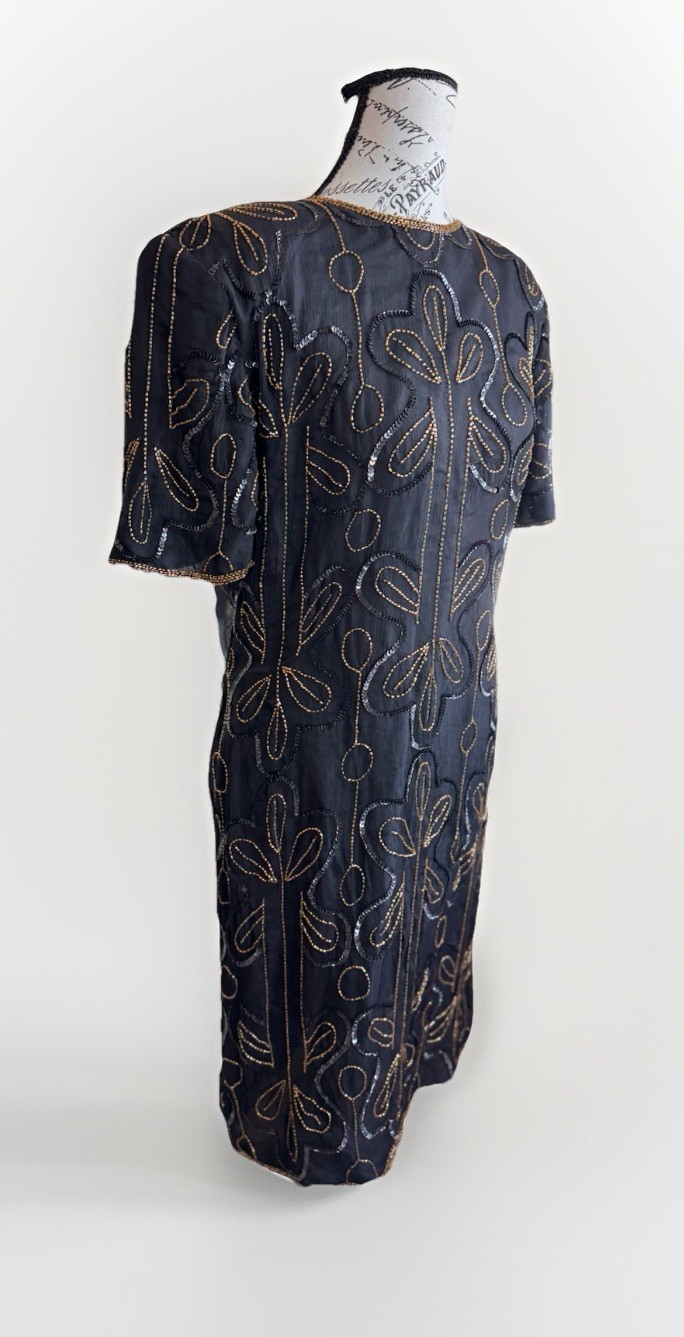 vintage 80s handmade gatsby black and gold party beaded sheath dress