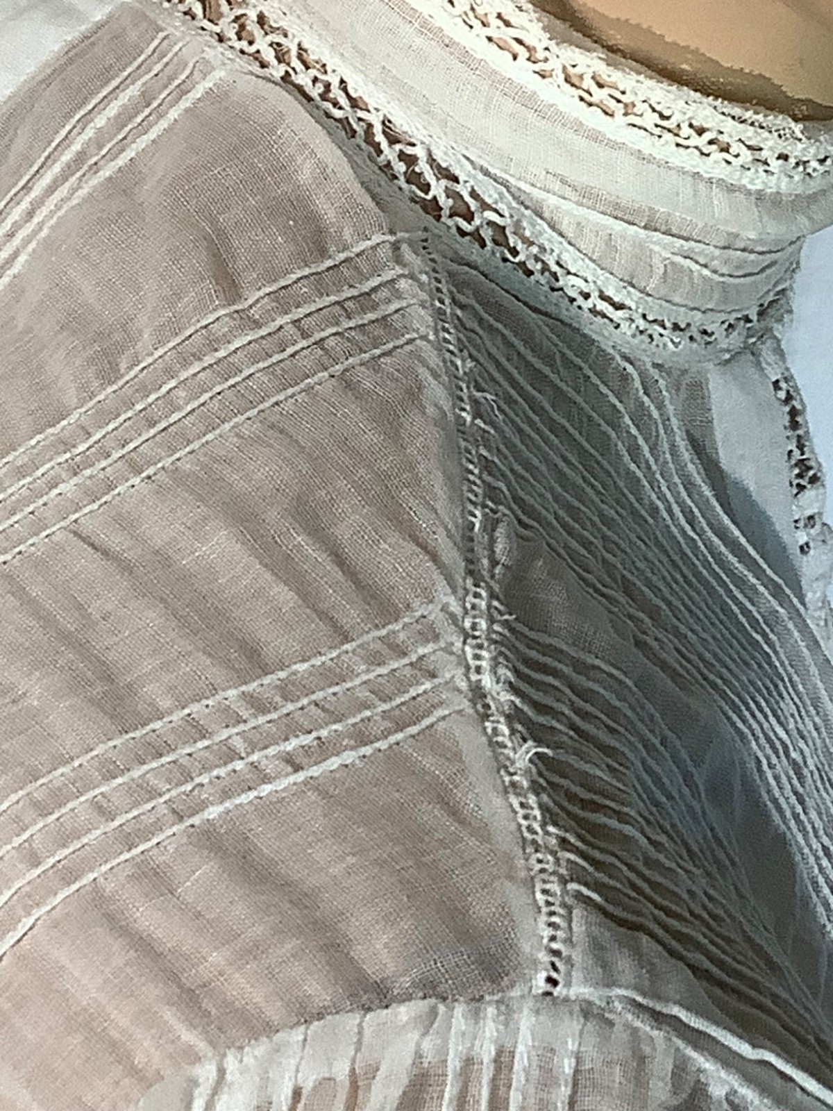 antique Edwardian blouse Top white Cotton lace M heirloom High neck 3/4 sleeve