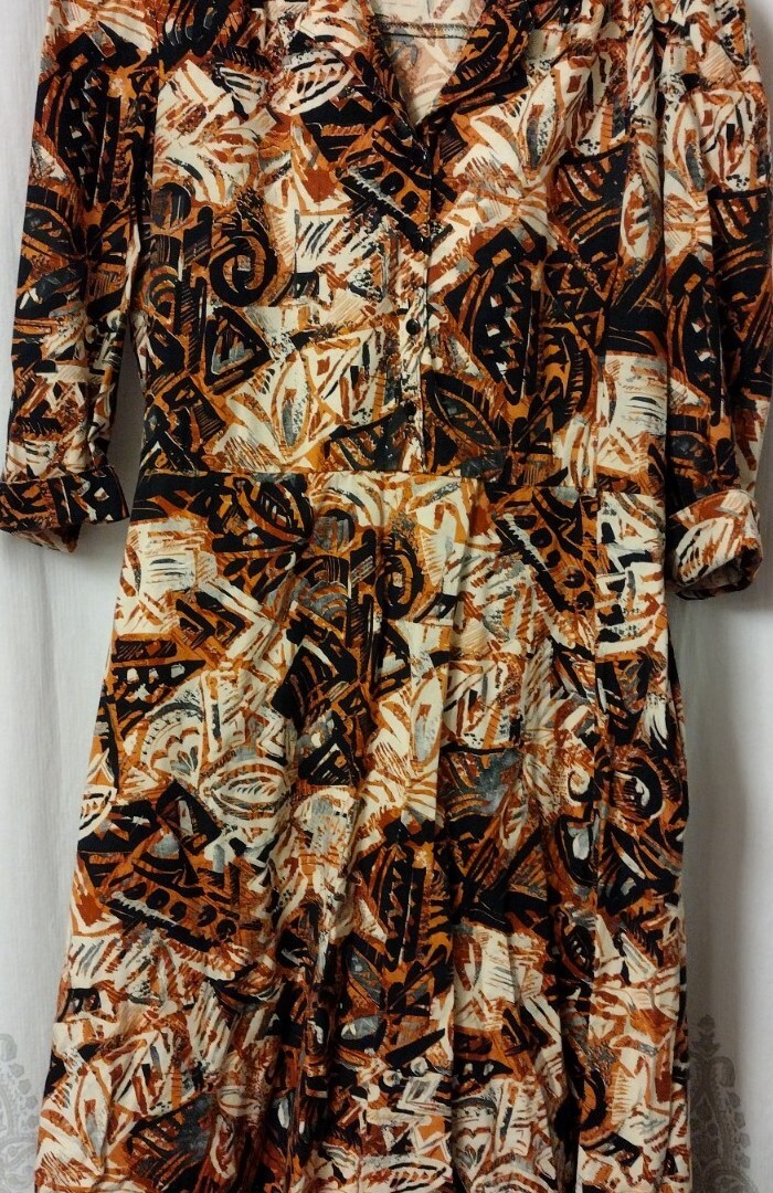 Stuart Alan Size 18 Vintage A-line Brown Print Dress Button Front Collar Womens