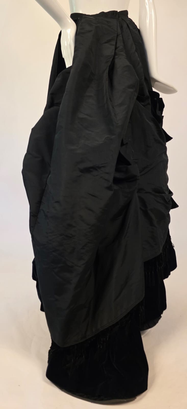 VICTORIAN 1870’S BLACK SILK RECEPTION GOWN SKIRT W SILK VELVET TRIM + TRAIN