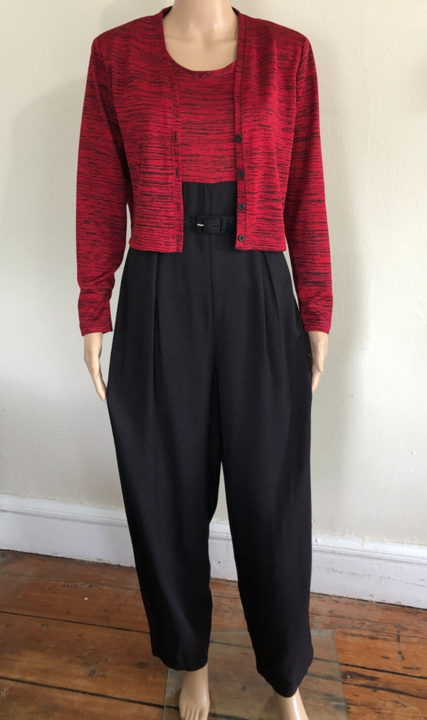 vtg 80s SCARLETT 2PC Jumpsuit Sz 12P Red & Black Belted Jacket & Romper