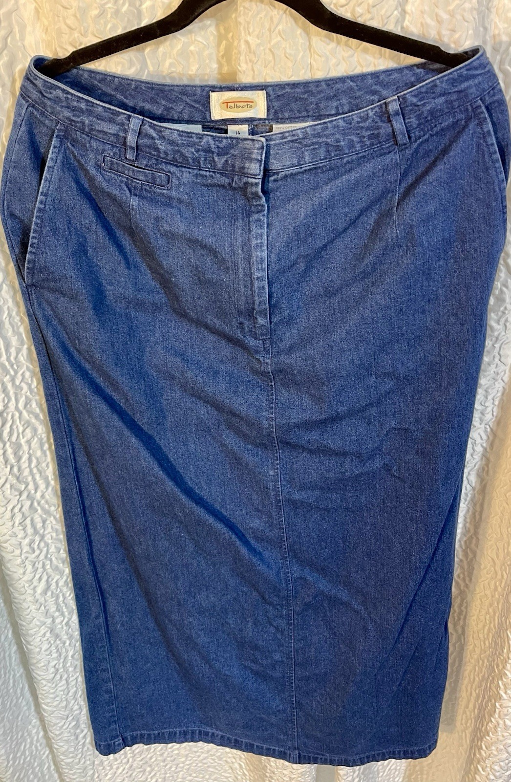 Vintage Talbots Deep Blue💙100% Cotton Denim Maxi Skirt Size 14 Long Slit EUC