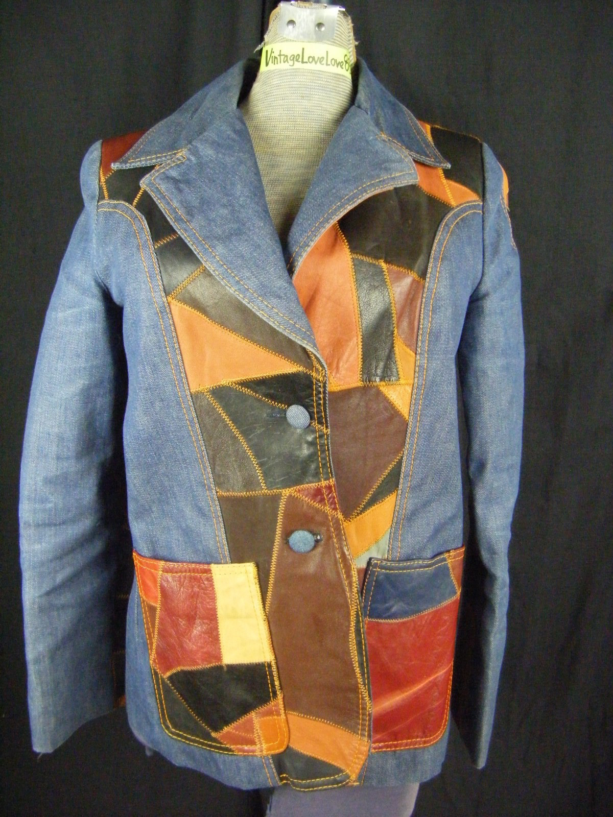 ROSEMARY Vtg 70 Leather Patchwork Denim Jacket-Bust 35/2XS-XS