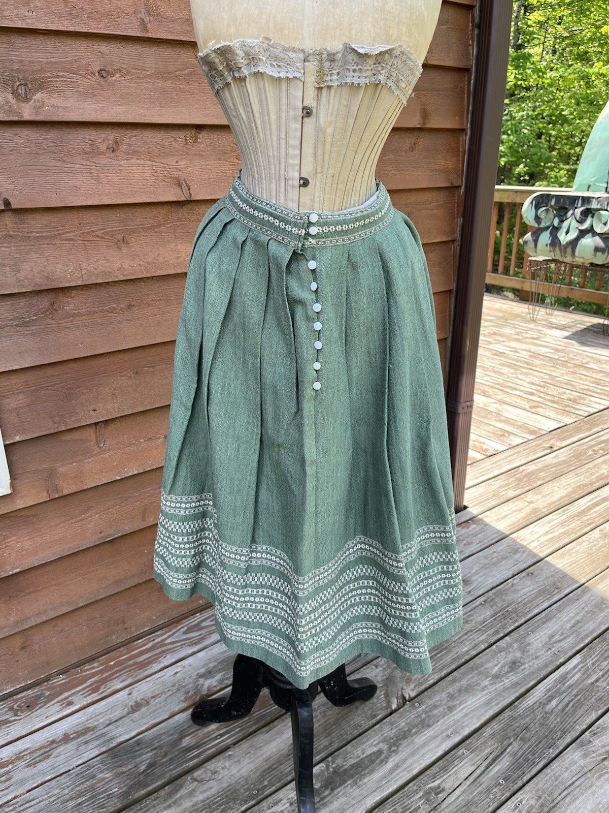 Antique French Wool Petticoat, Light Forest Green, Pearlized Buttons