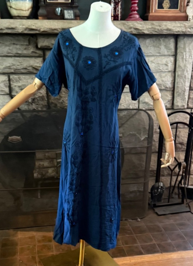 Vintage Anjli Boho Cottagecore Made in India Blue Dress with Embroidery Large