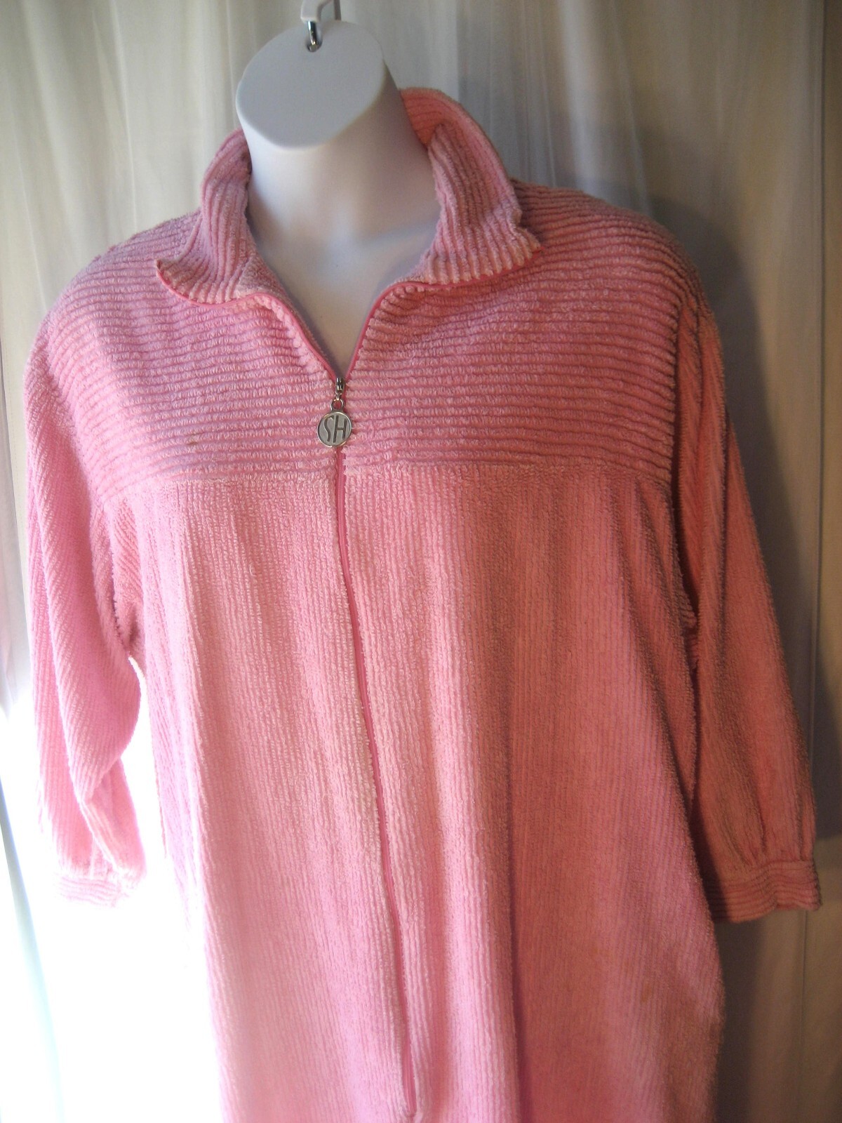 Vintage Stan Herman Chenille Robe L Full Length 3/4 Zip Dark Pink Pockets Collar
