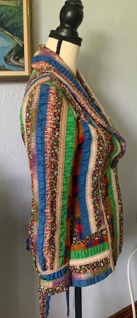 True VINTAGE 60s 70s Ruched BOHO Jacket Rainbow Blouse Belted Size S Blazer Mod