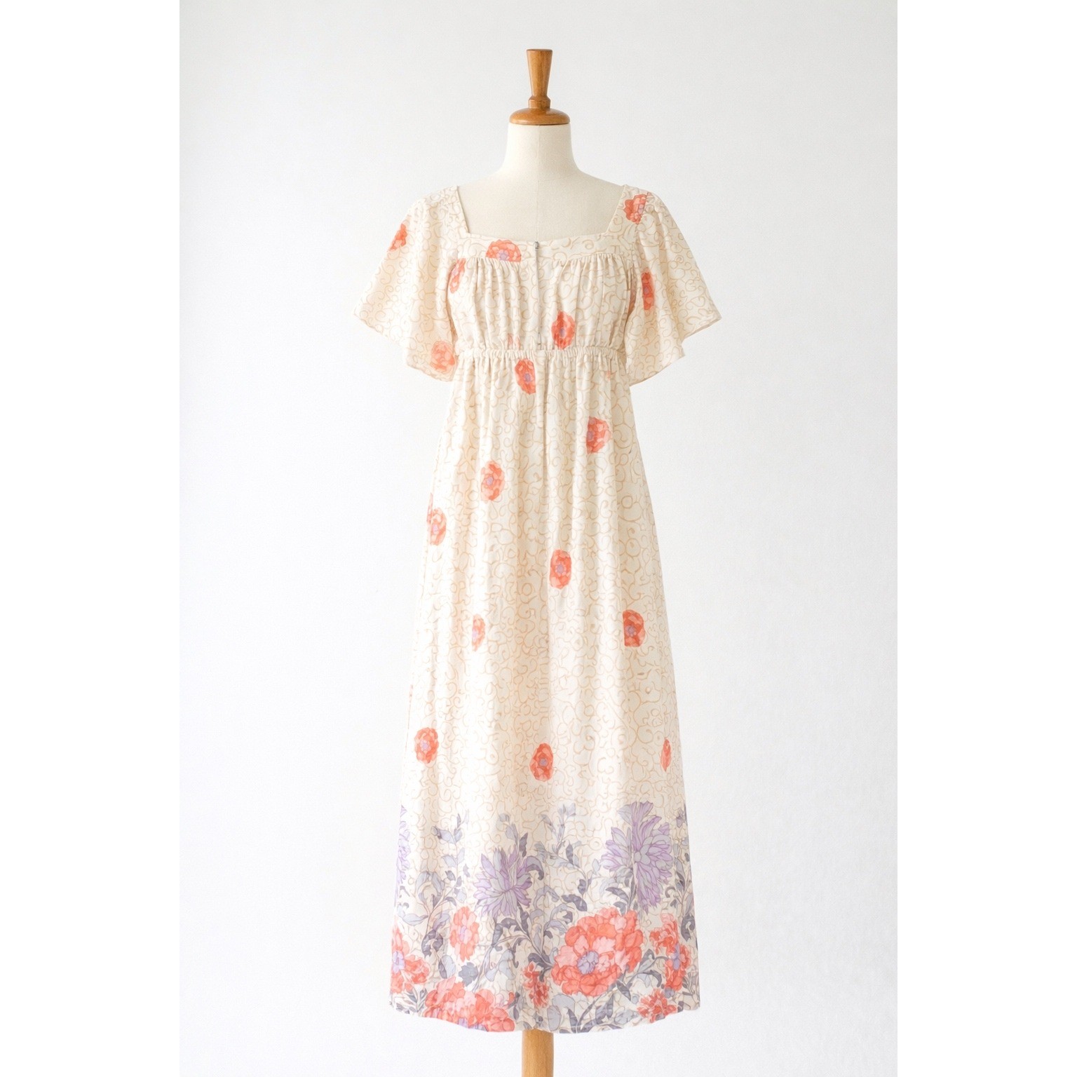 Sears Take-Along Maxi Lounger Dress Womens M Cream Floral Vintage 70s Zip Front