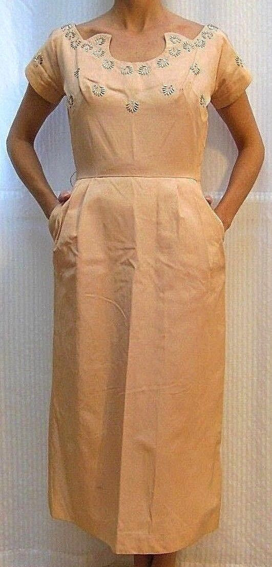 Vintage 1950&rsquo;s PEACHY PINK FAILLE DRESS Metal Rhinestones Embellishment – Size S