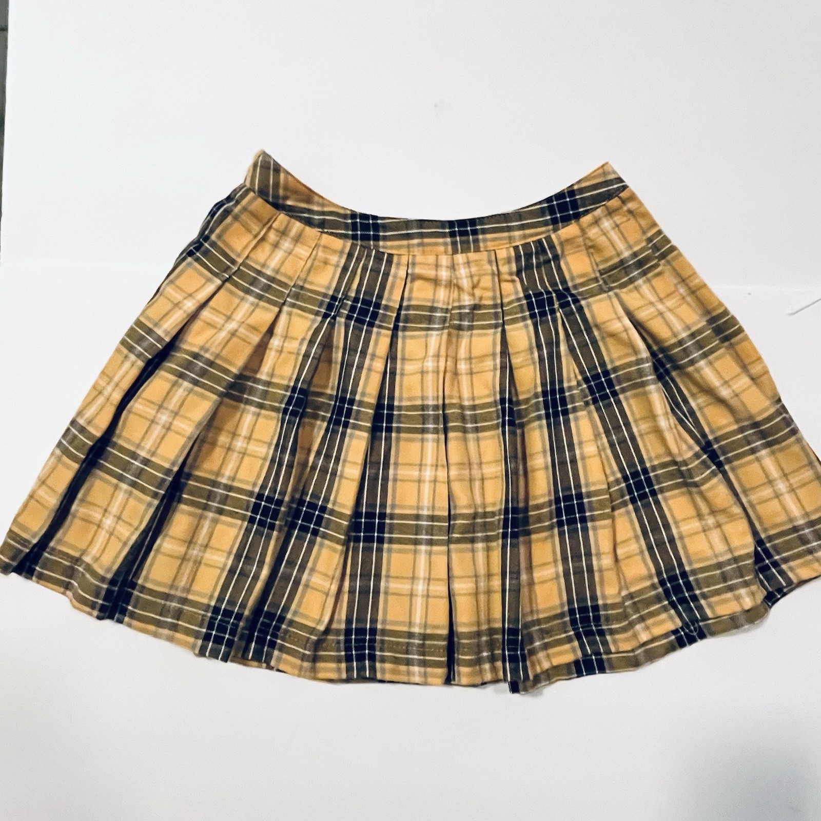 Y2K Micro Mini Skirt Yellow/Black PLAID PLEATED Sz Med-15.5&Prime; Length-FOREVER 21
