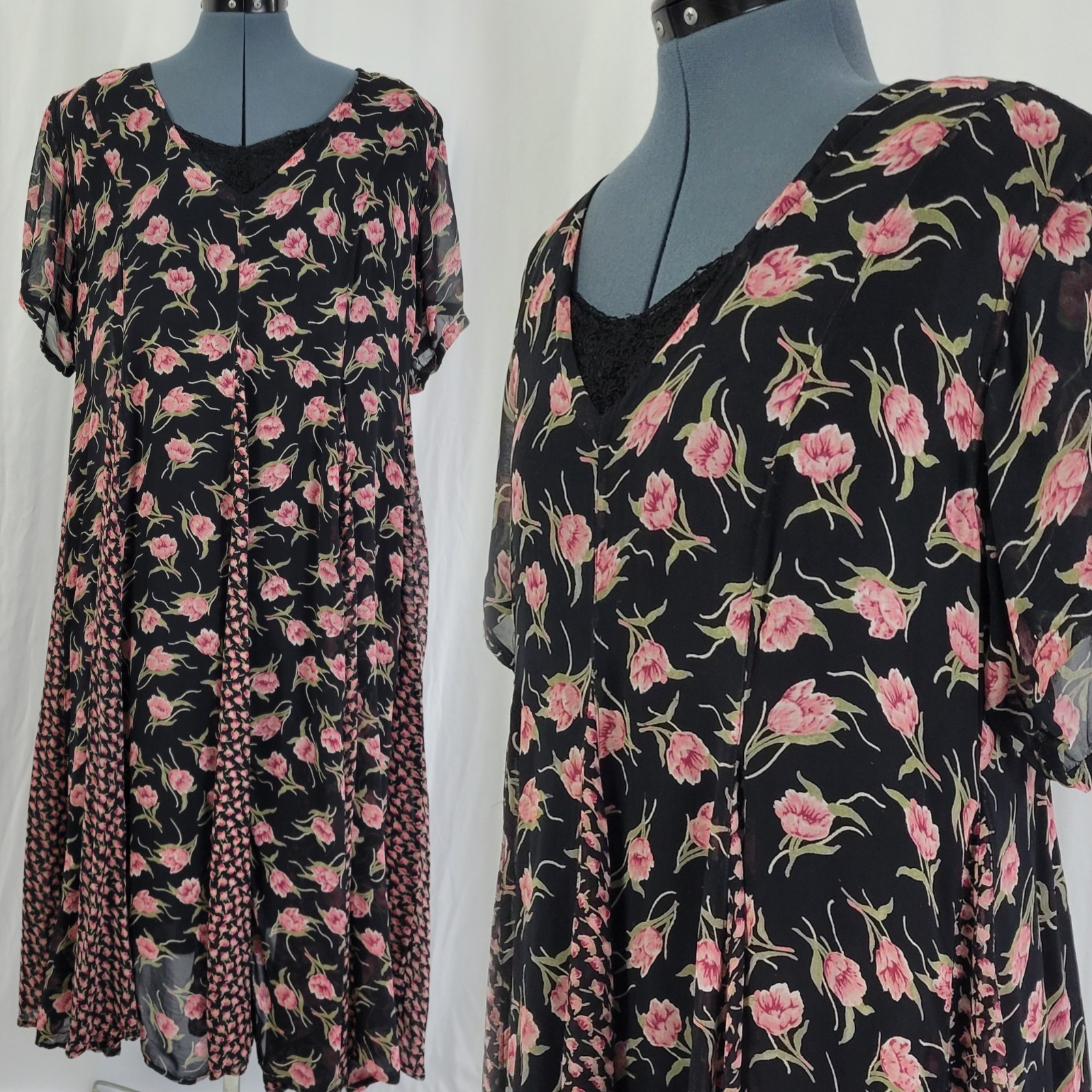 Vintage Nostalgia Black Dress w Pink Florals & Coord. Skirt Insets Size Med