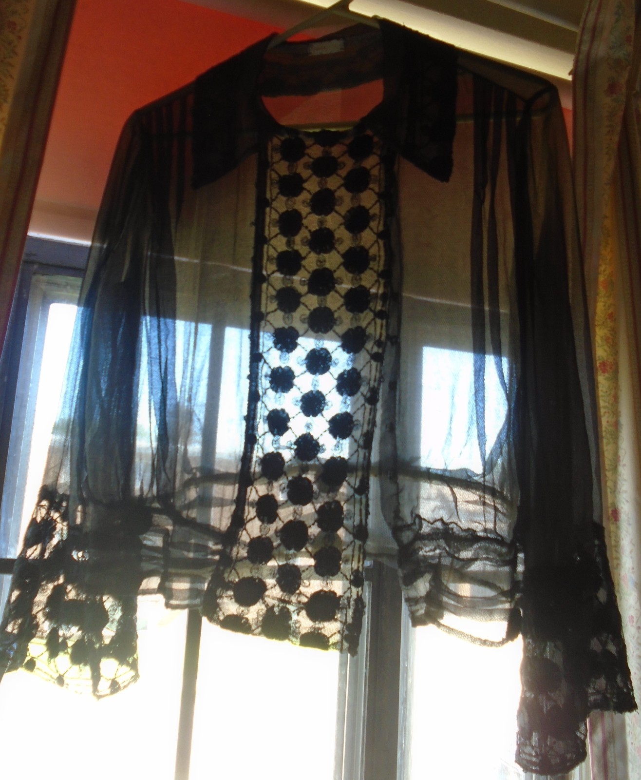 ANTIQUE 1910&rsquo;s 20&rsquo;s EDWARDIAN BLACK SHEER MESH BLOUSE LINED SOUTACH TRIM Sz S-M