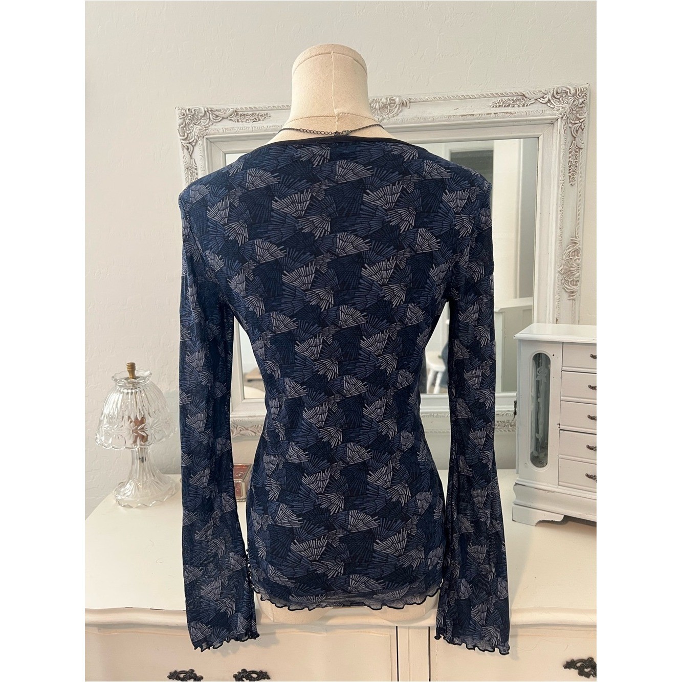 vintage 90s navy blue patterned babydoll mesh top with lace and velvet trim