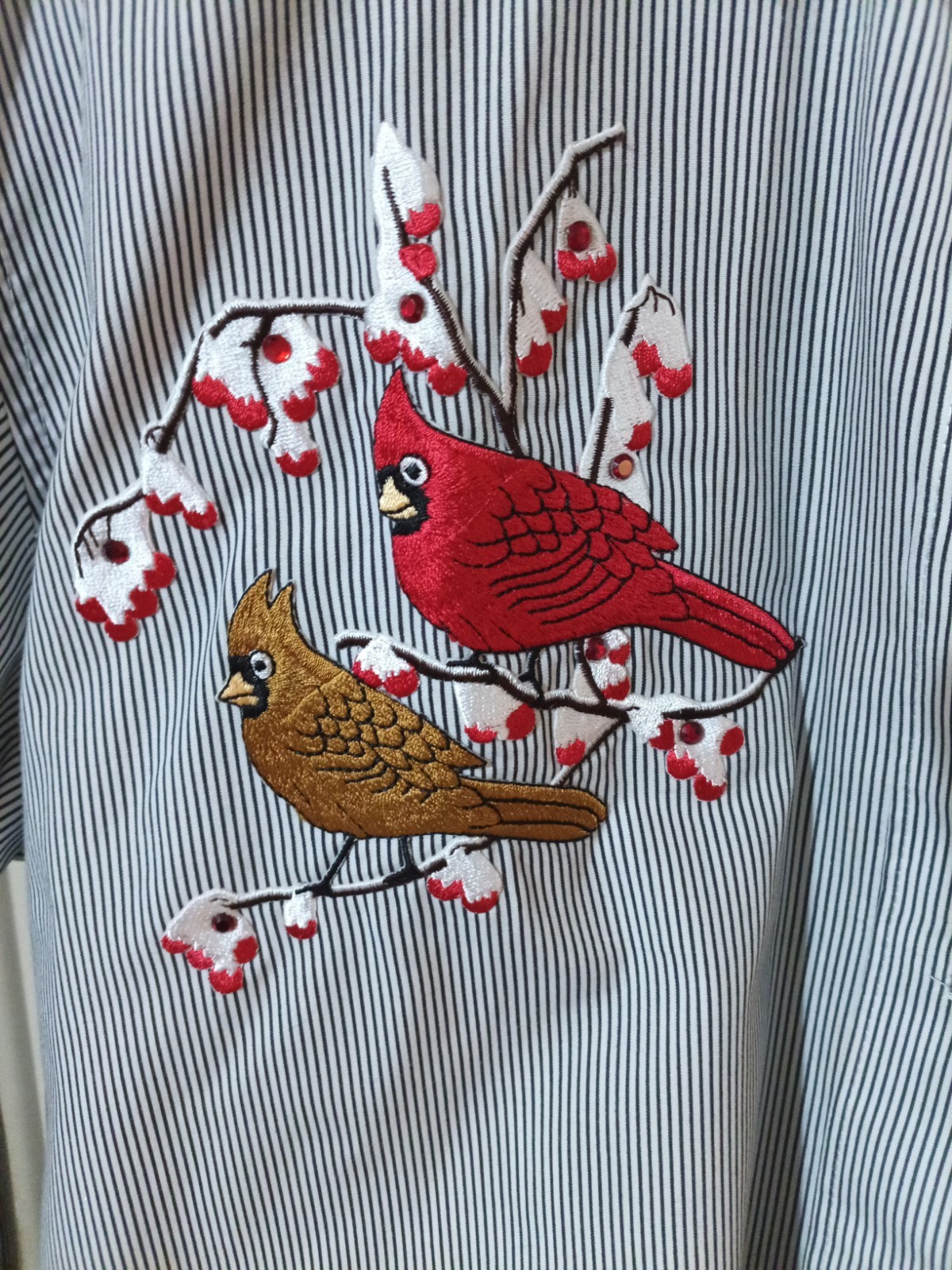 Las olas Womens Button Up S Blue Pin Striped Shirt. Embroidered Cardinals
