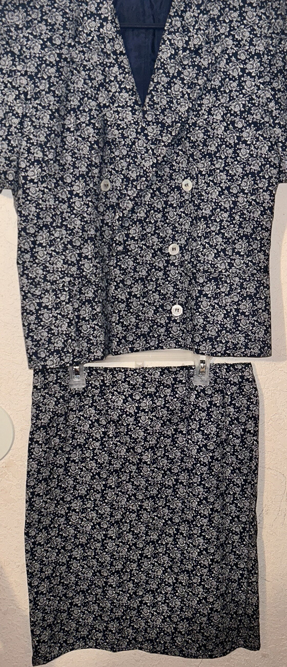 Vtg Liz Claiborne Knee Length Skirt Sz 8 Suit Jacket Blazer Sz 6 Blue Floral Y2K