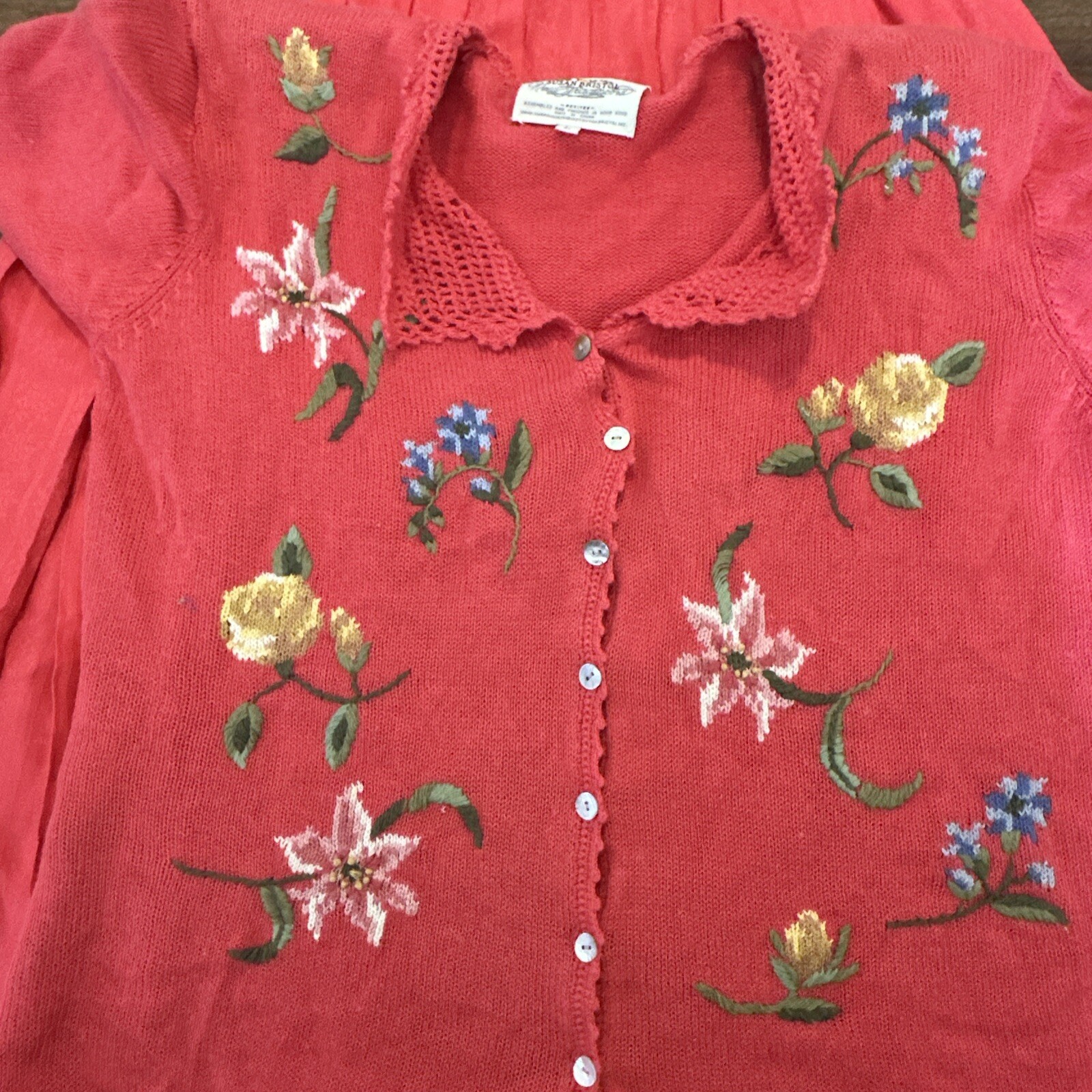 Vtg Susan Bristol Hand Embroidered Sweater Skirt 2 Piece Floral L Petite Med LG