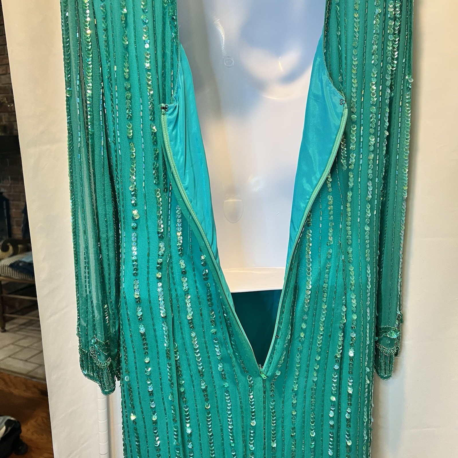 Vintge NADINE Boutique Medium Silk Hand Beaded Embellished Cocktail Dress Green
