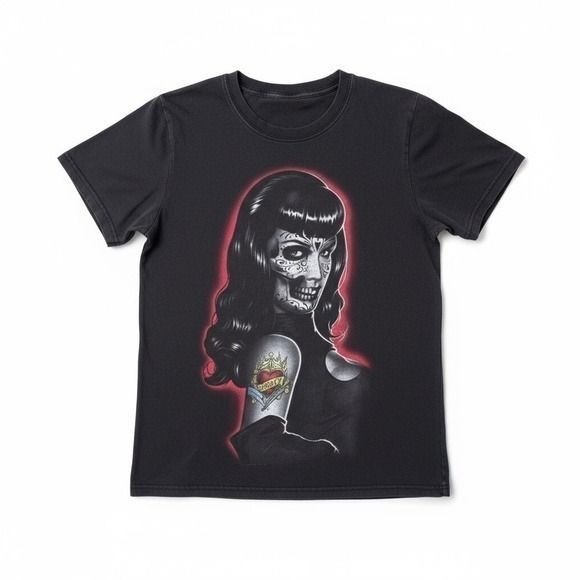 Womens Sugar Skull Pinup Graphic Tee Faded Black Rockabilly T-Shirt