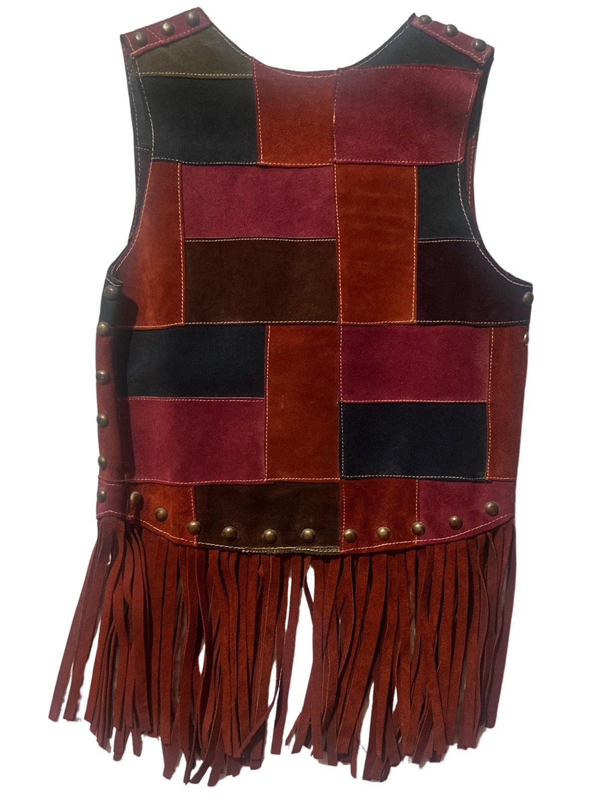 VINTAGE 1968 MONICA CANADA Suede Patchwork Fringe Vest Woodstock Hippie Rocker S